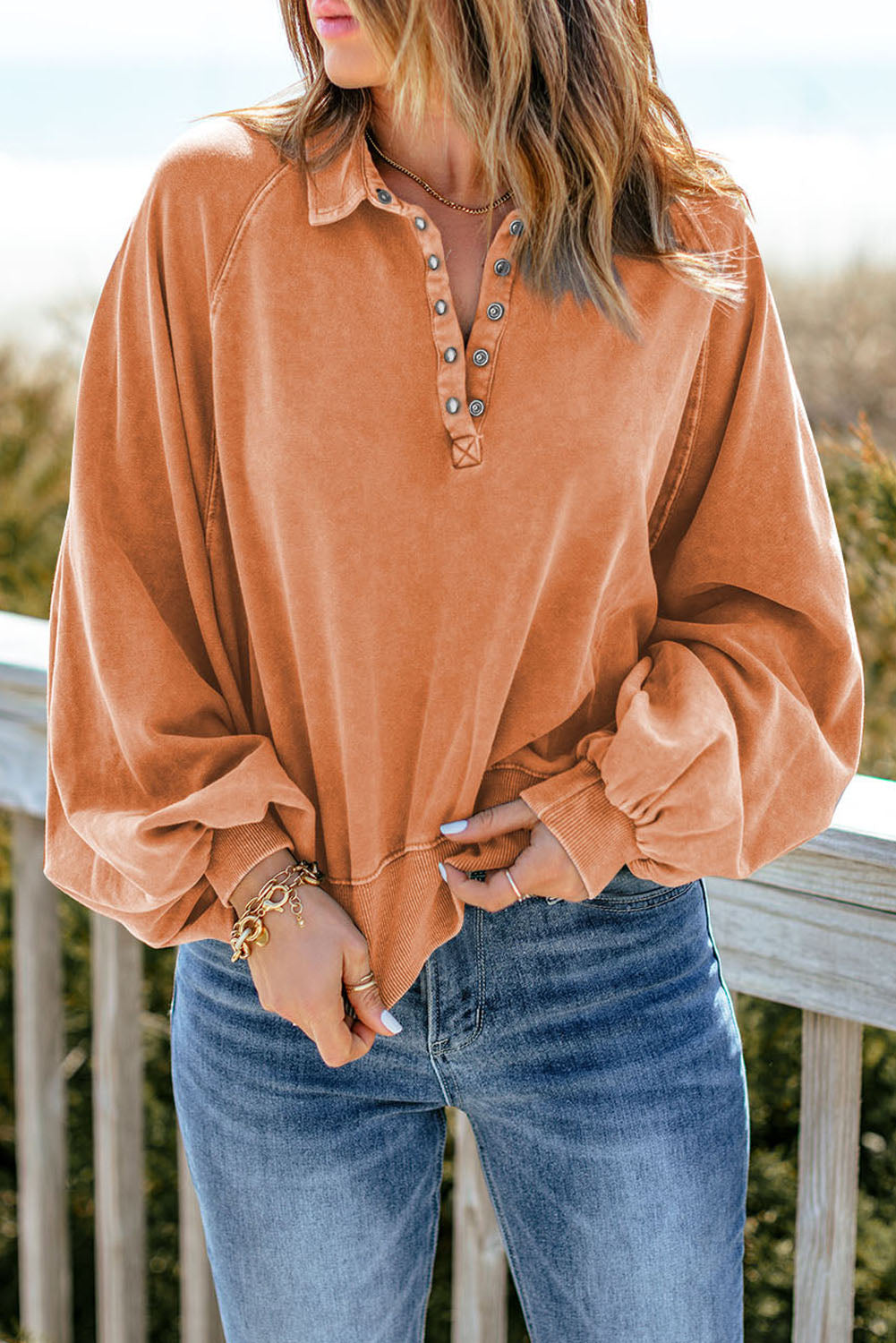 Orange Washed Snap Buttons Lantern Sleeve Pullover Sweatshirt