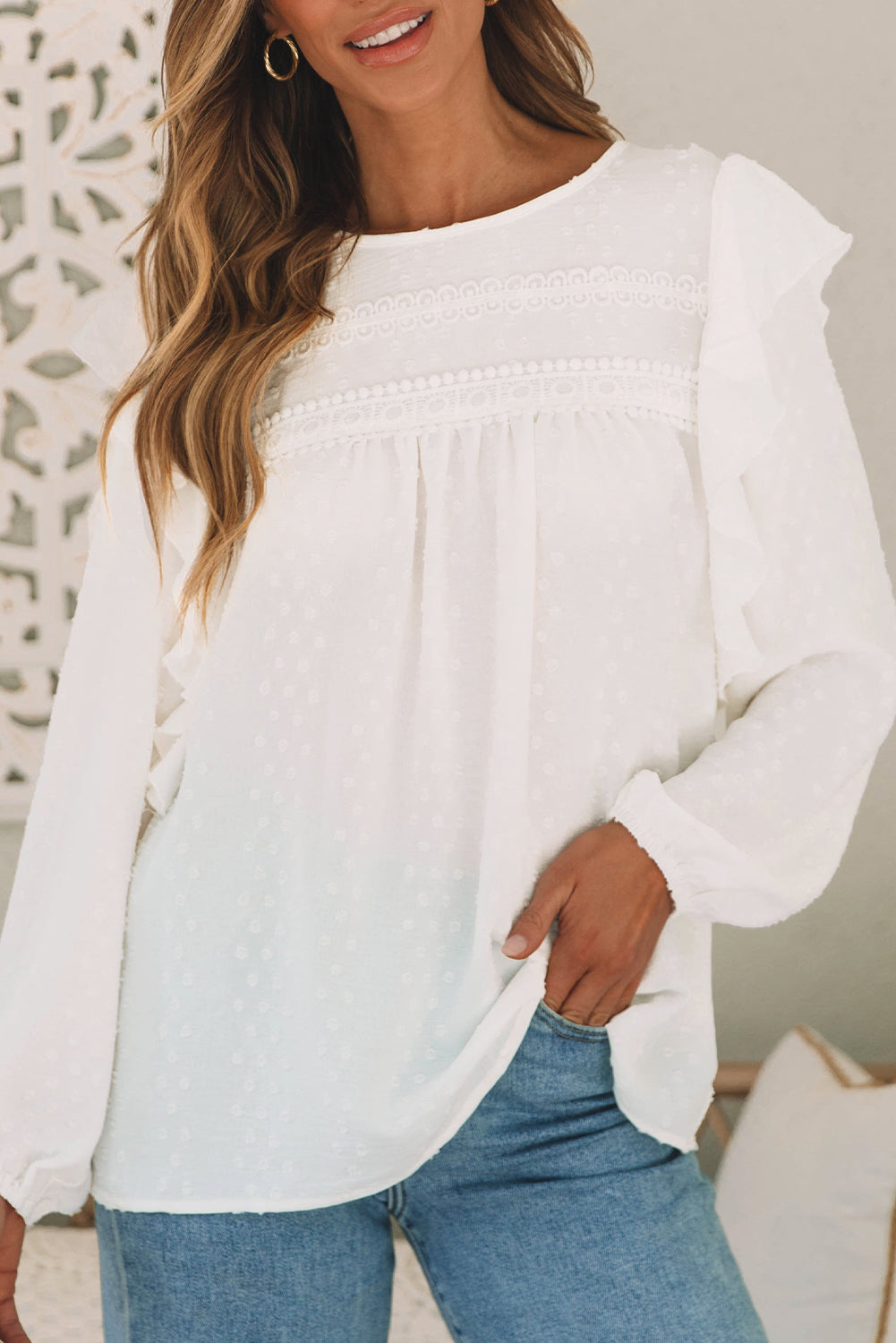 White Lace Eyelet Ruffle Shoulder Long Sleeve Blouse