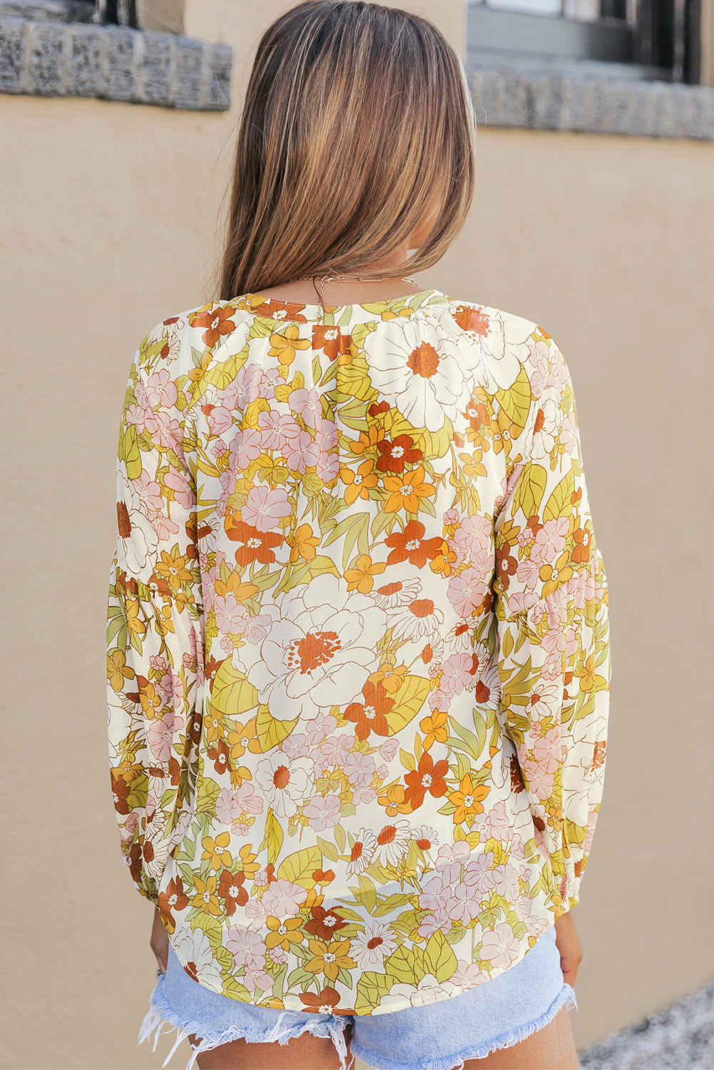 Yellow Floral Print V Neck Long Puff Sleeve Top