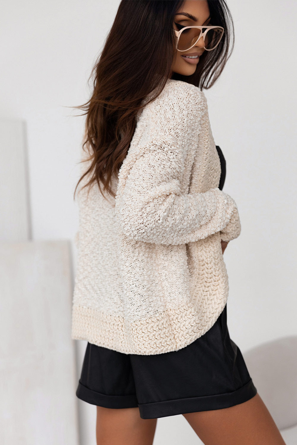 Apricot Popcorn Knit Open Front Cardigan