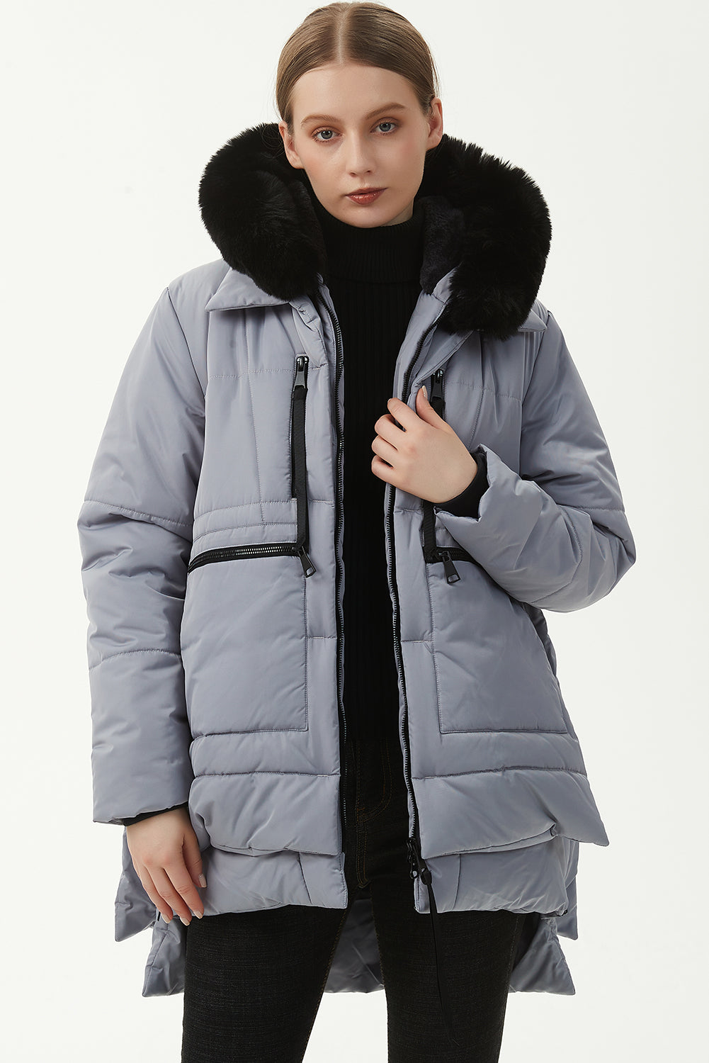 Light Grey Plush Linen Zip Up Hooded Puffer Coat