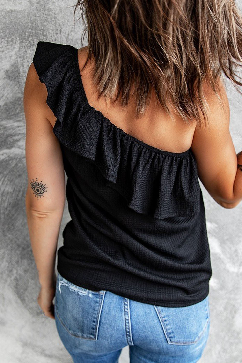 Black Ruffle One Shoulder Crinkle Tank