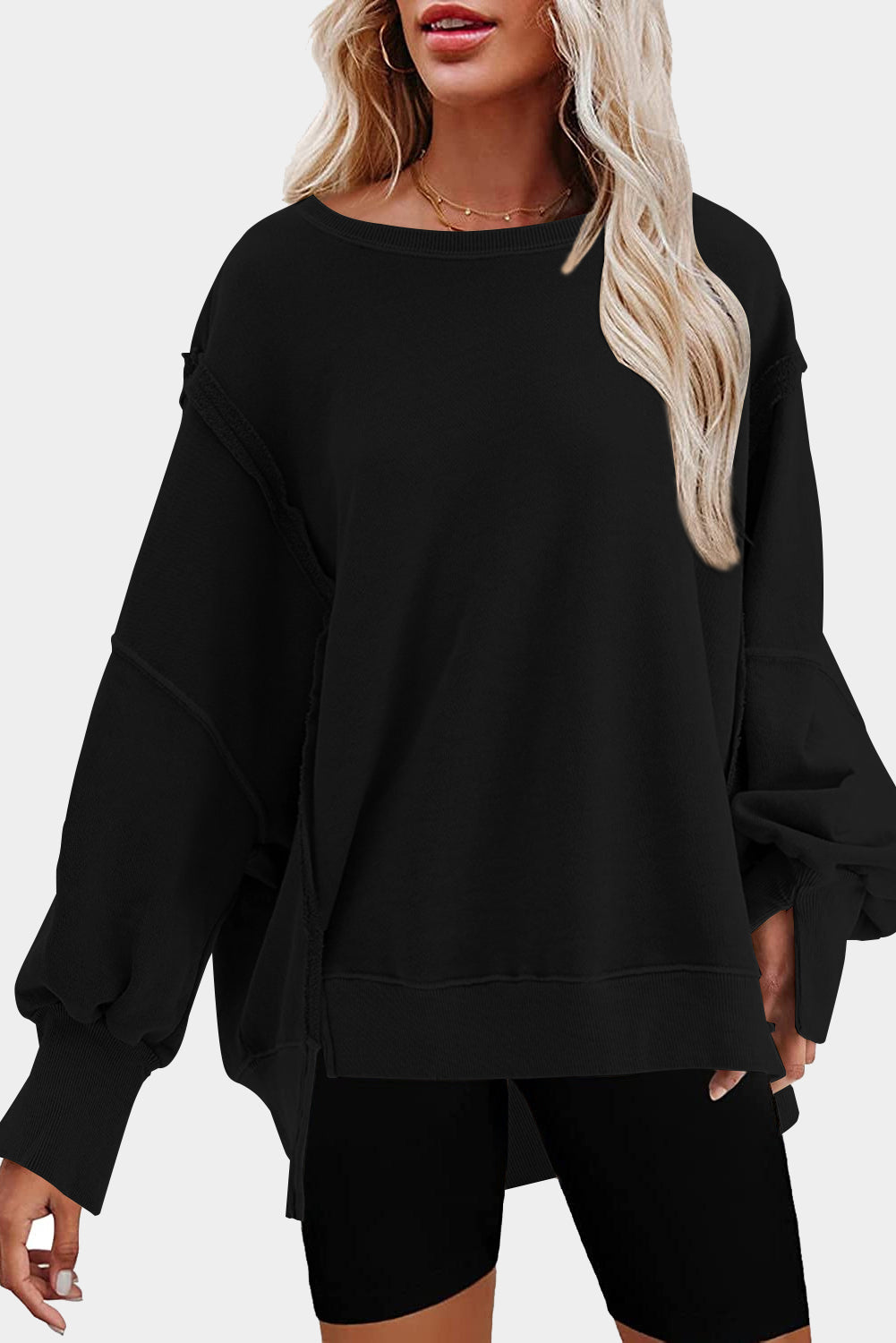 Black Exposed Seam Drop Shoulder Slit High Low Hem Sweatshirt