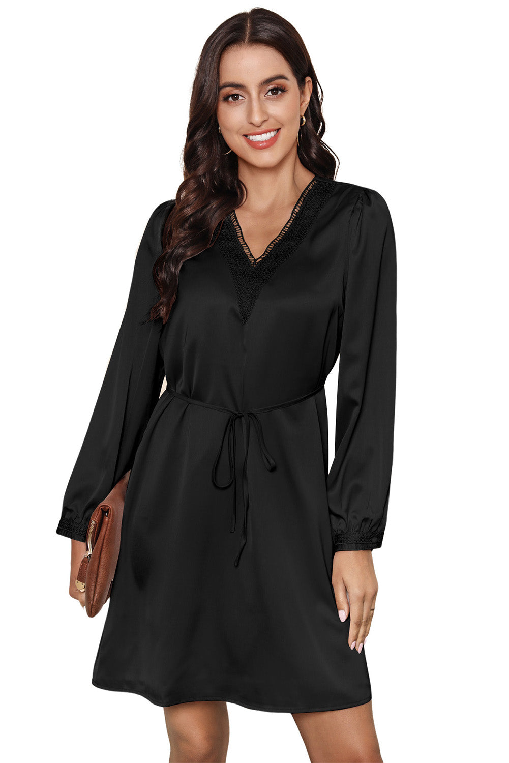 Black Lace Trim V Neck Tie Waist Long Sleeve Dress