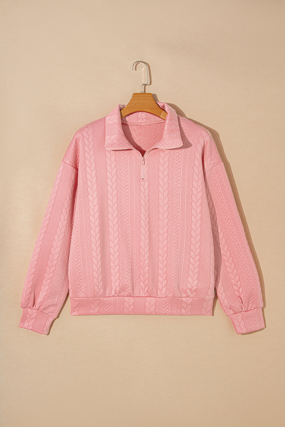 Peach Blossom Zip up Cable Textured Sweatshirt