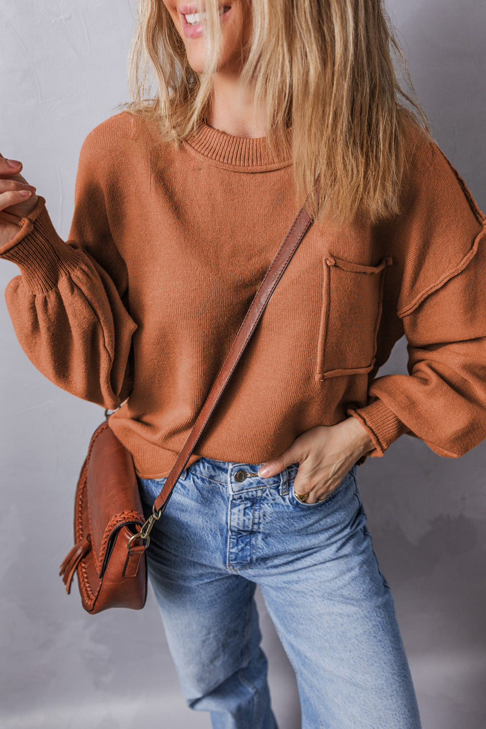 Orange Raw Edge Patch Pocket Exposed Seam Loose Sweater