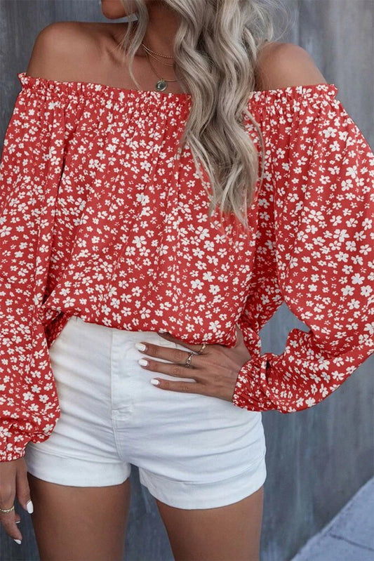 Fiery Red Floral Print Frill Trim Off-shoulder Lantern Sleeve Blouse