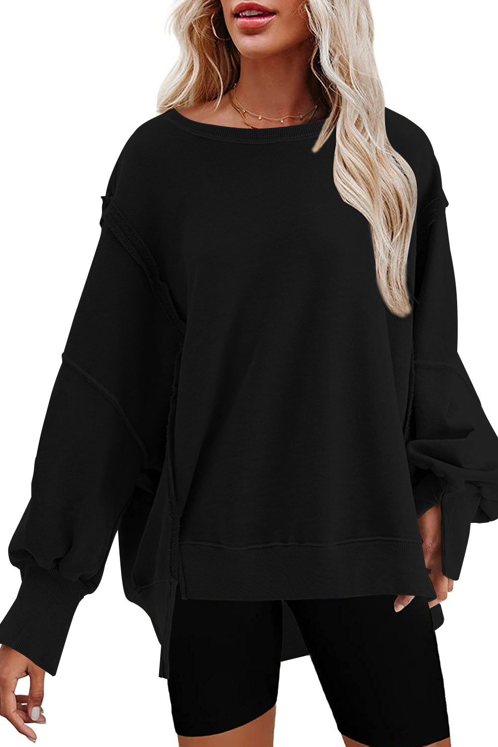 Black Exposed Seam Drop Shoulder Slit High Low Hem Sweatshirt