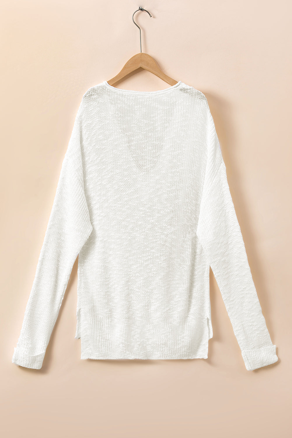 White Solid Color V Neck Side Split Sweater