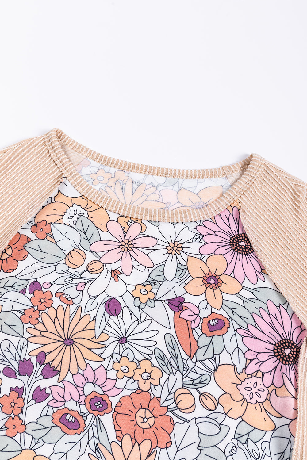 Oatmeal Corded Floral Patchwork Long Sleeve Top