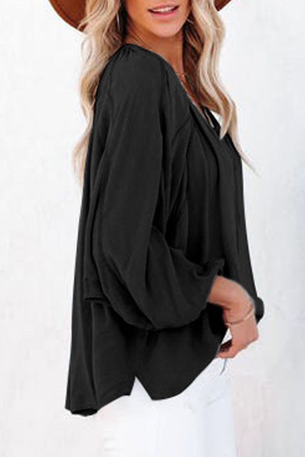 Black Split V Neck Dolman Top