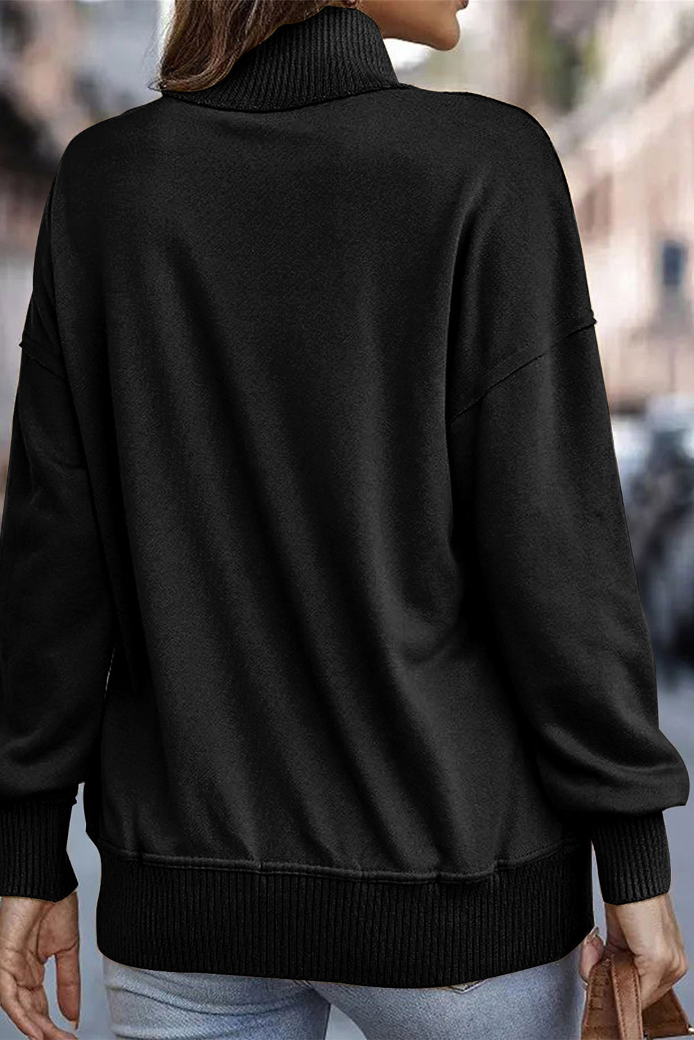 Black Ribbed Hem Snap Button Neckline Sweatshirt with Pocket