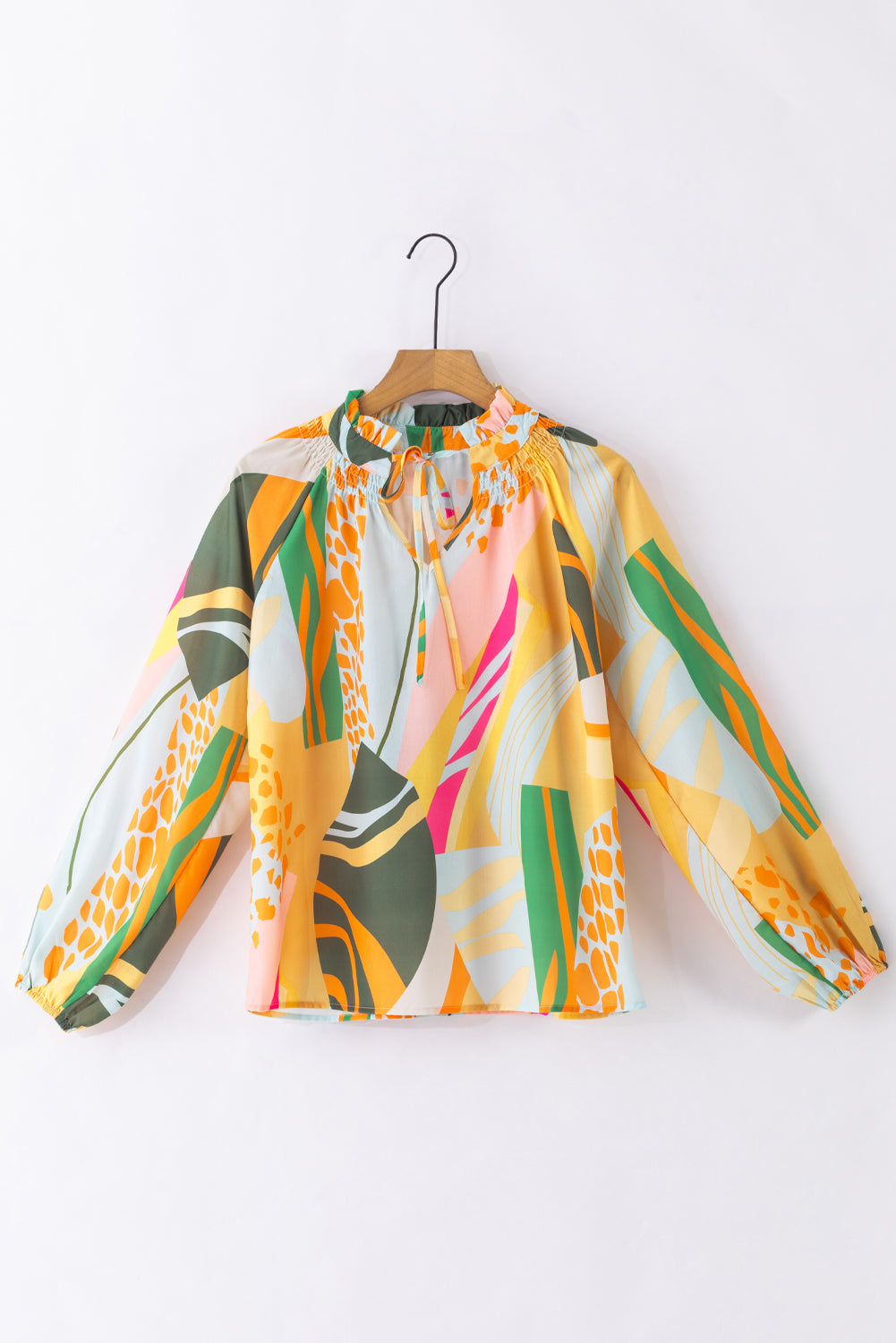 Yellow Printed Abstract Print Balloon Sleeve Notched Neck Blouse