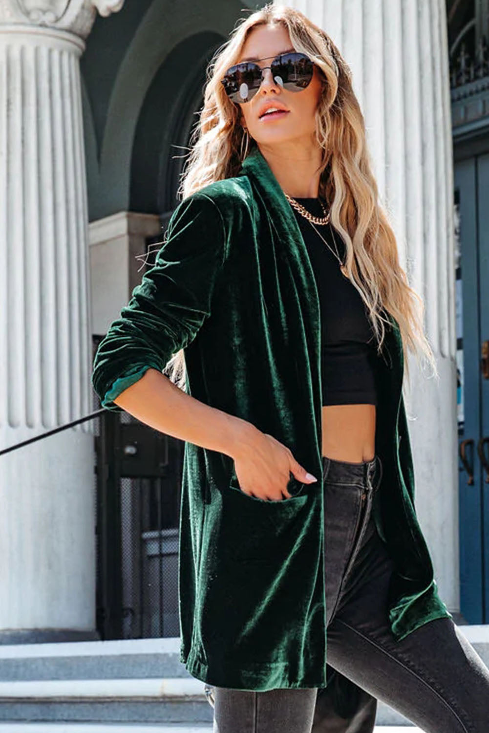 Green Casual Pocketed Velvet Blazer