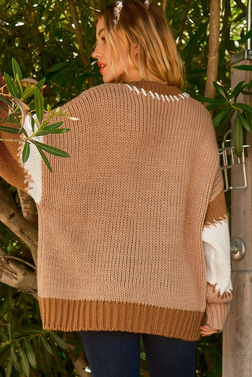 Light French Beige Color Block Contrast Stitch Oversized Sweater