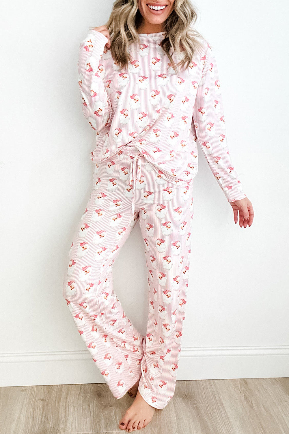 Pink Santa Claus Striped Print Loose Fit Two Piece Lounge Set