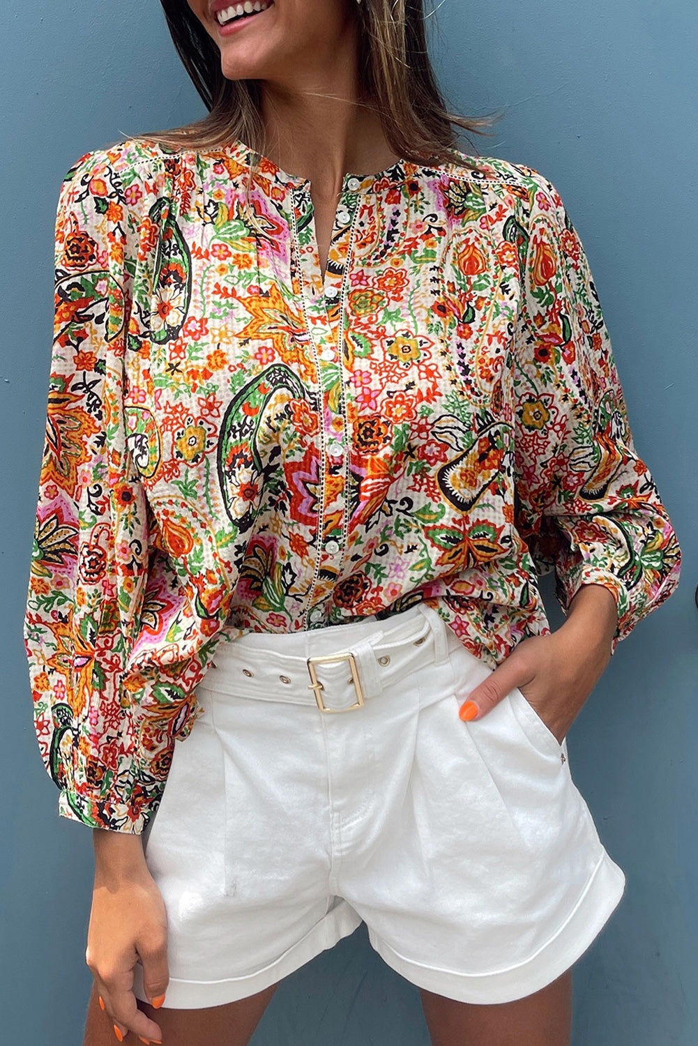 Multicolour Floral Print Lace Splicing Button up Puff Sleeve Shirt