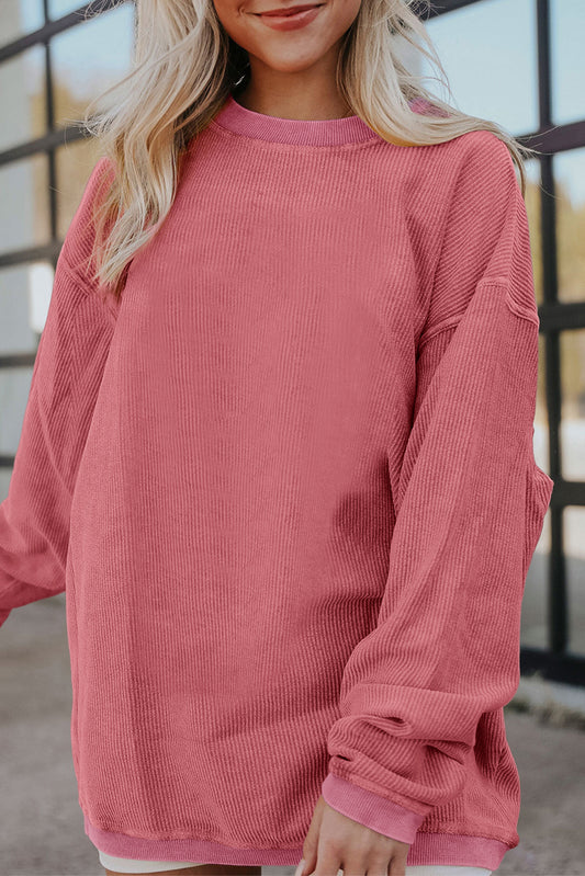 Strawberry Pink Ribbed Corduroy Oversized Sweatshirt