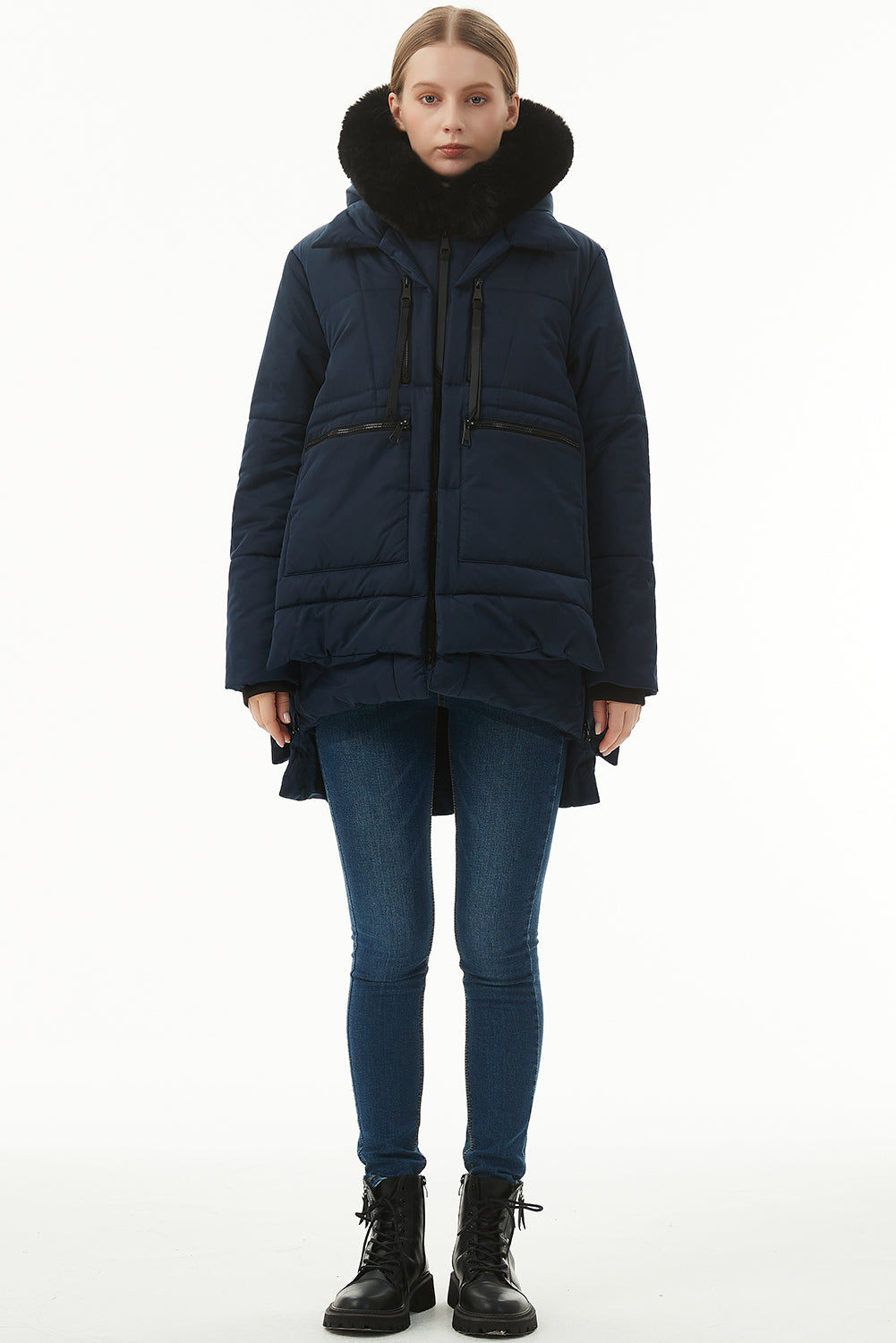 Navy Blue Plush Linen Zip Up Hooded Puffer Coat