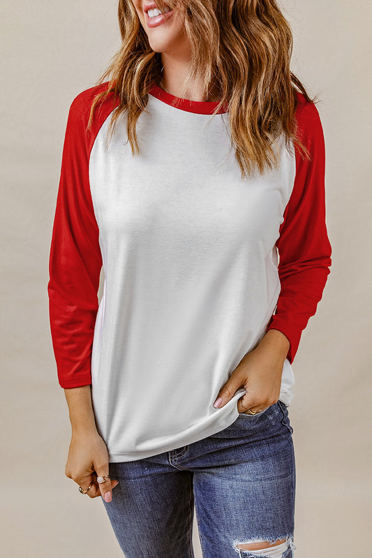 Fiery Red Color Block Raglan Sleeve Pullover Top