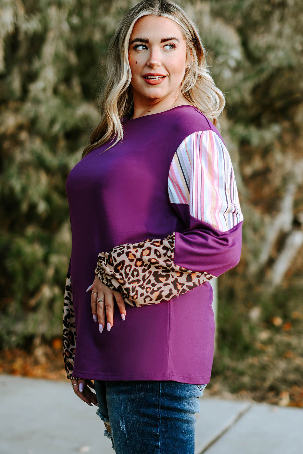 Purple Leopard Striped Color Block Plus Size Top