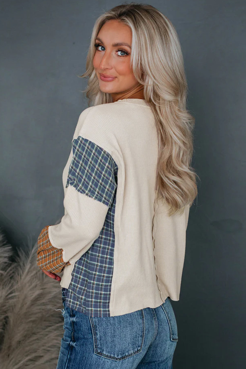 Smoke Gray Plaid Patchwork Raw Seam Long Sleeve Top