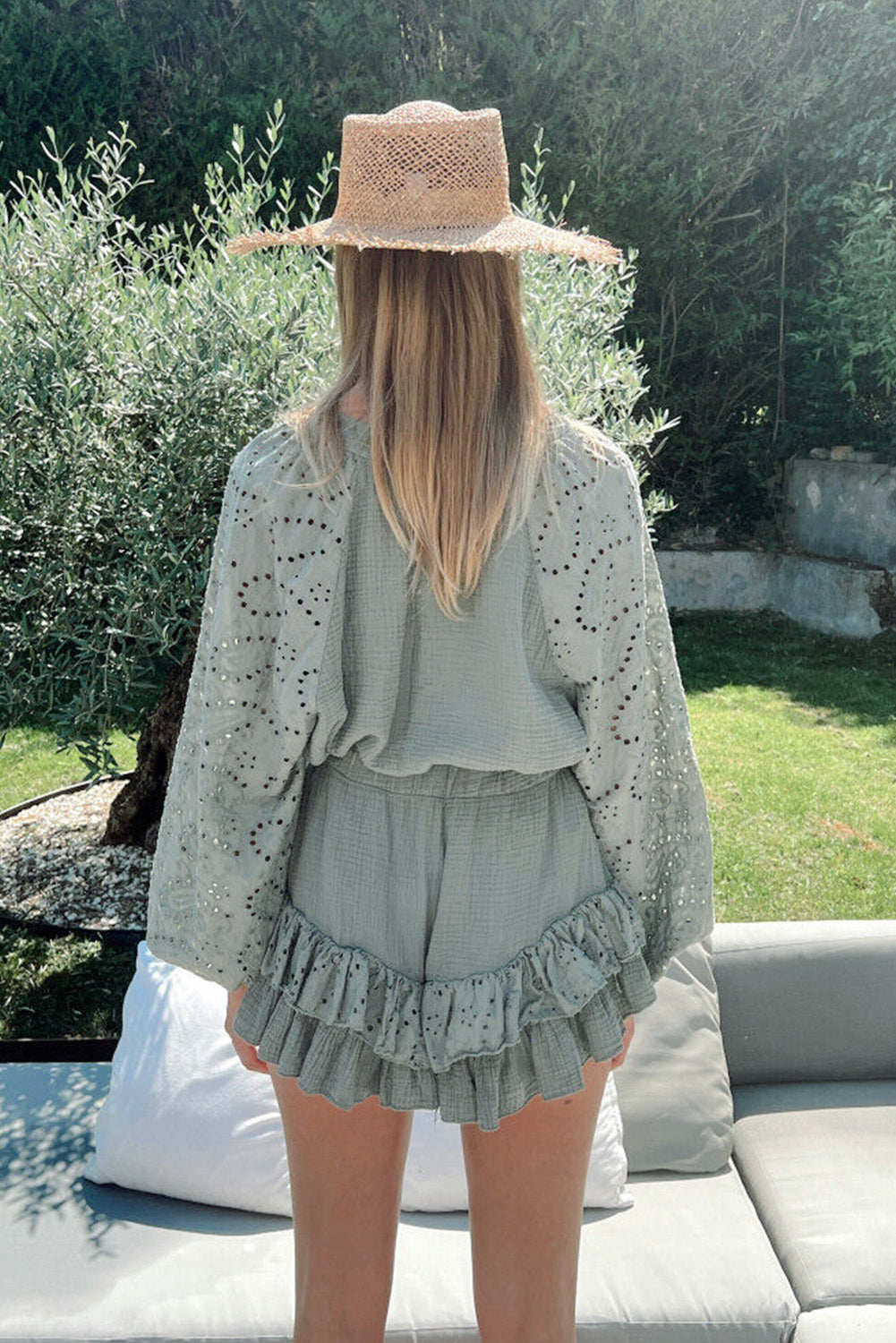 Mist Green Crinkled Eyelet Raglan Sleeve Top Ruffled Shorts Set