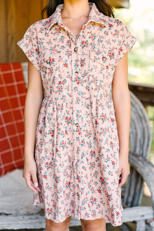 Pink Short Sleeve Flap Pockets Shirt Floral Dress