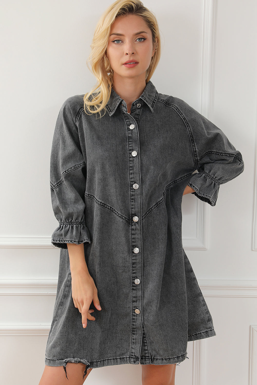 Gray Buttoned Long Sleeve Denim Mini Dress