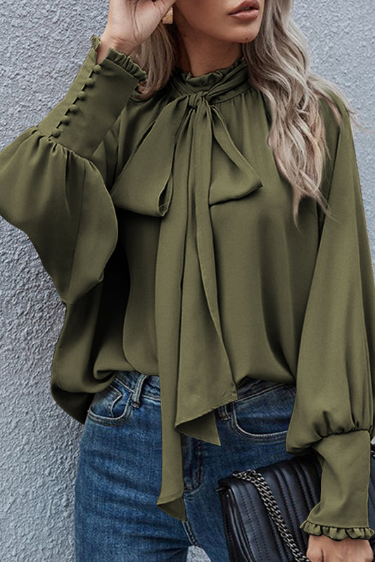 Jungle Green Frilled Knotted Mock Neck Bishop Sleeve Blouse