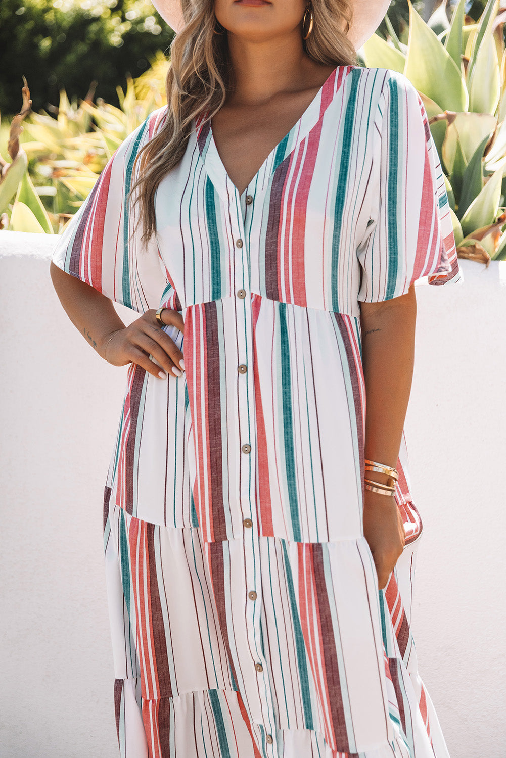 Serape Striped V Neck Buttoned Shirt Dress