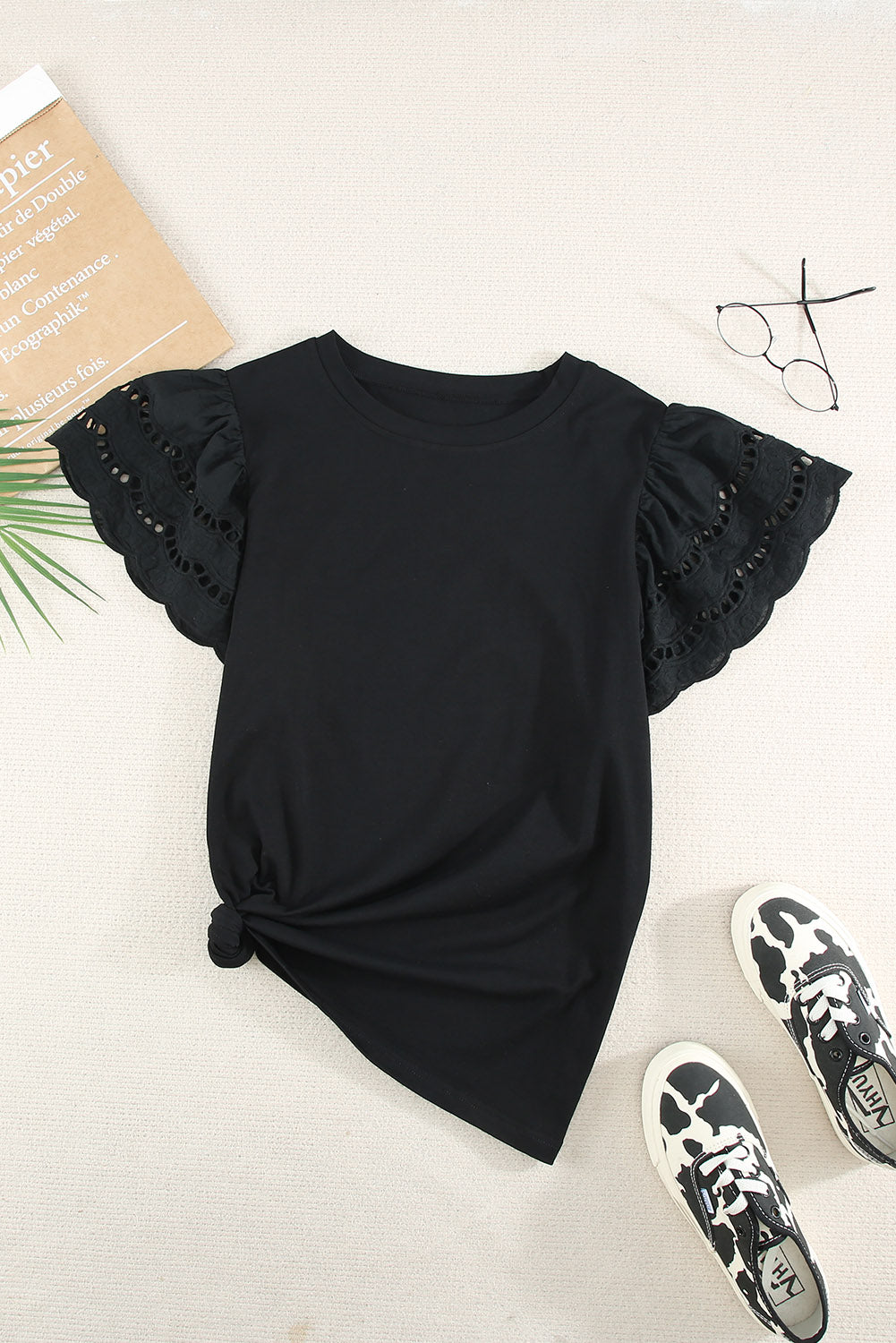 Black Hollow Out Ruffle Sleeve T-shirt