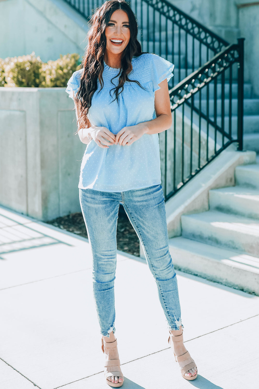 Blue Tiered Sleeve Frilled Neck Dotted Top