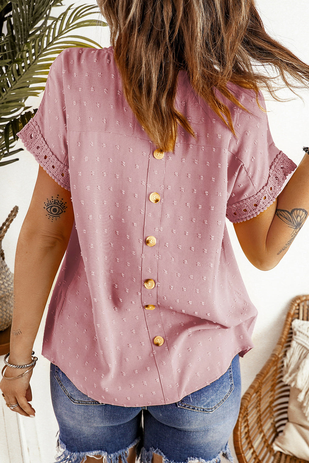 Pink Swiss Dot Lace Splicing Short Sleeve Top