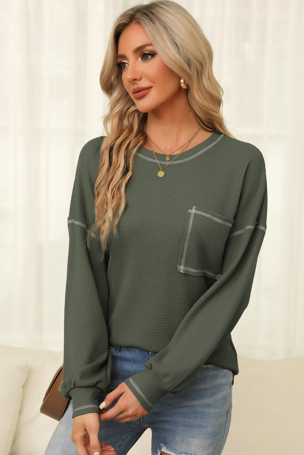 Mist Green Contrast Exposed Stitching Waffle Knit Top