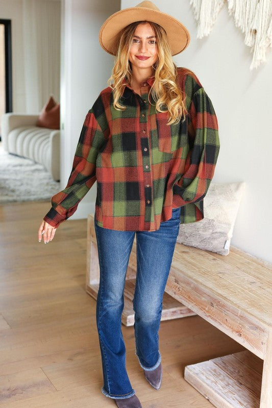 Rock'n Plaid Olive & Rust Button Down Oversized Shirt