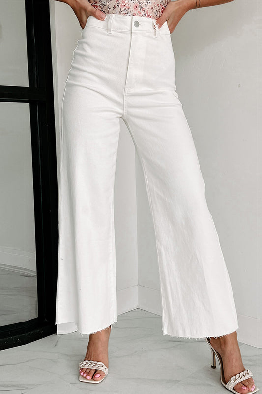 White Solid Raw Hem Wide Leg Crop Jeans