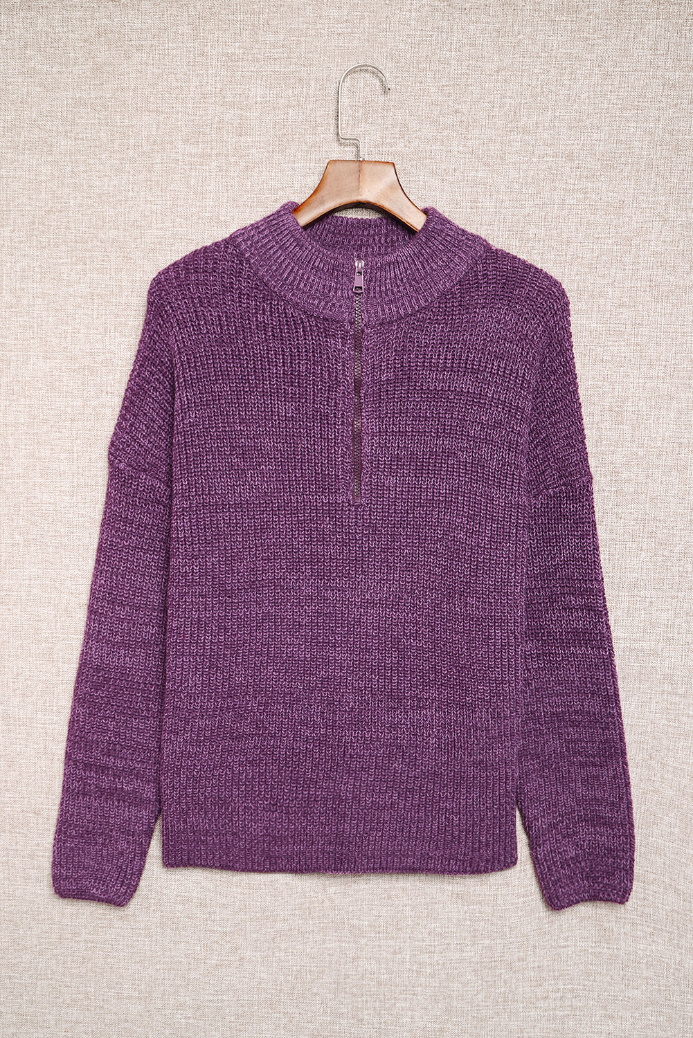 Purple Zipped Turtleneck Drop Shoulder Knit Sweater