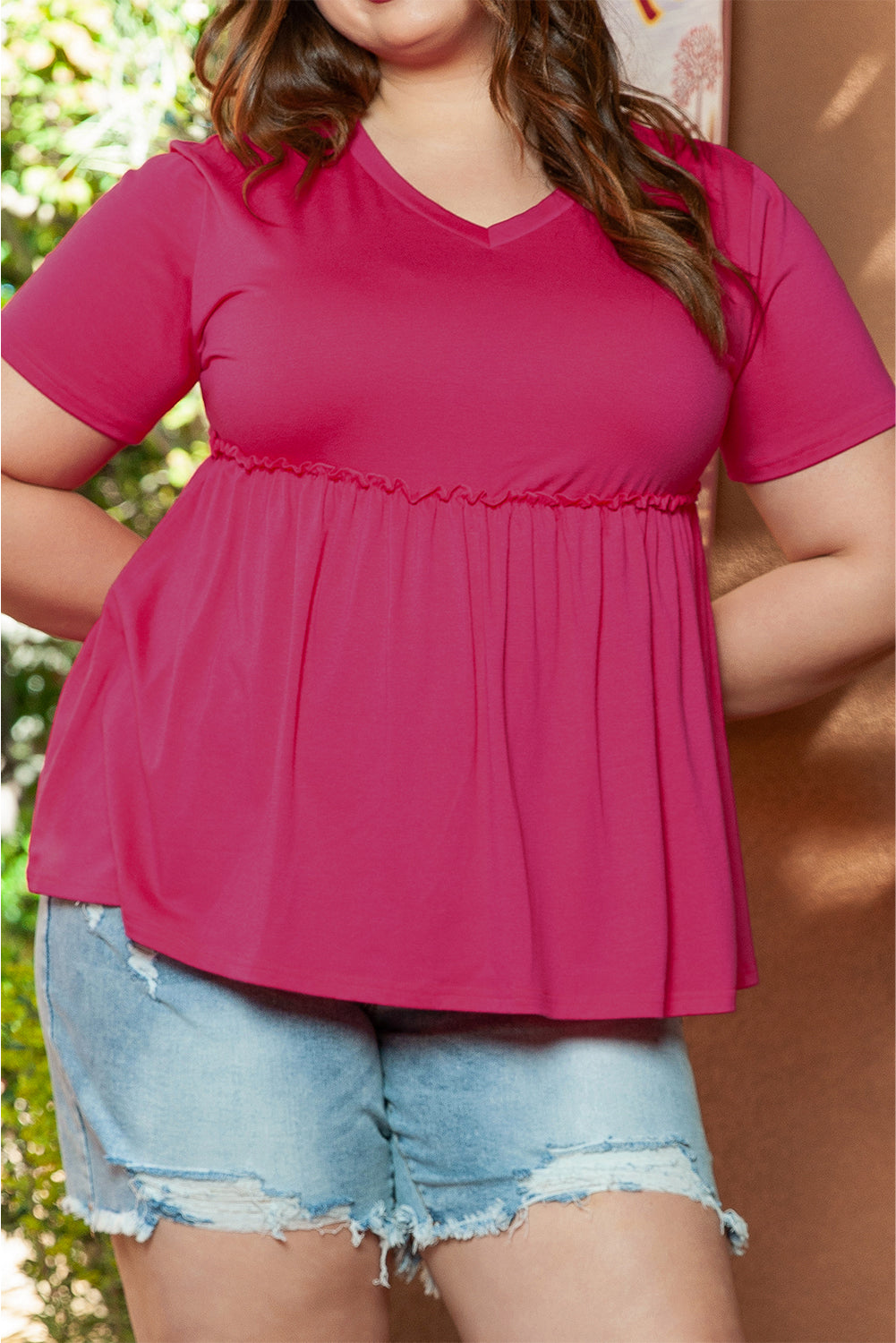 Rose Red Solid Short Sleeve Flowy Plus Size Top