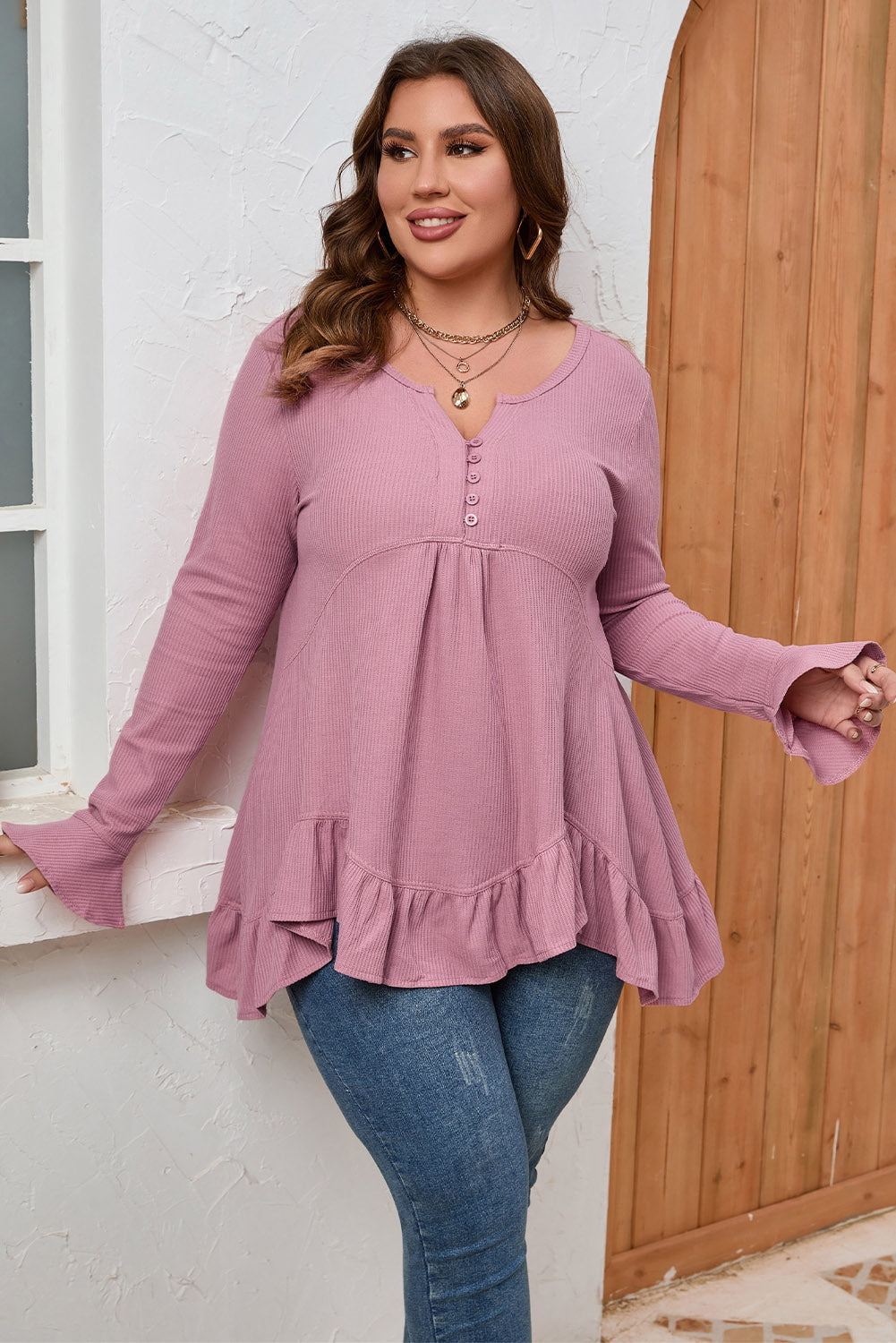 Pink Plus Size Ruffled Waffle Knit Babydoll Top