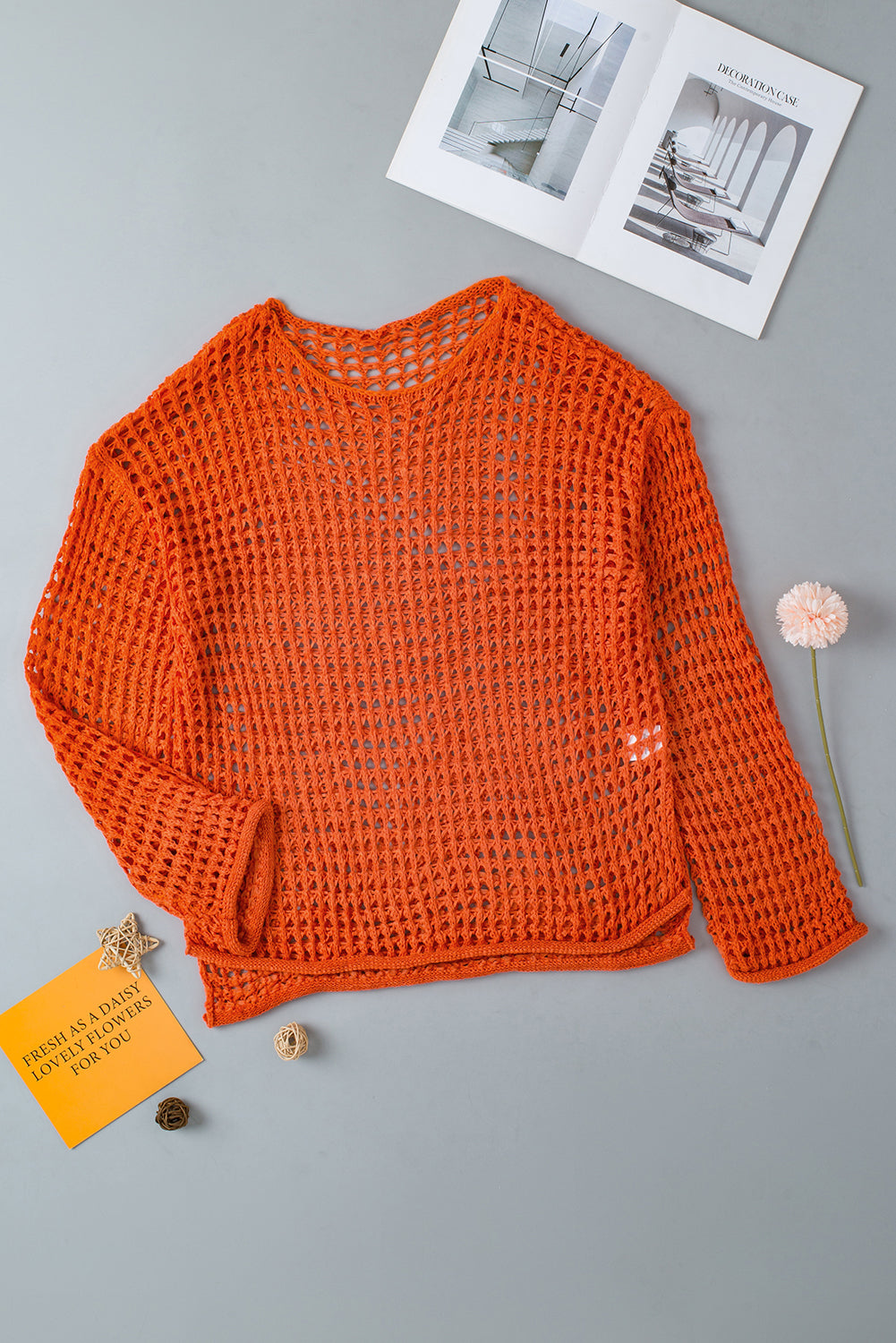 Orange Open Knit Crochet Bell Sleeve Tunic Sweater