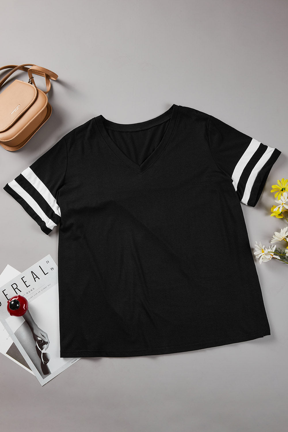 Black Plus Size Stripes Stitching Sleeve V Neck T-shirt