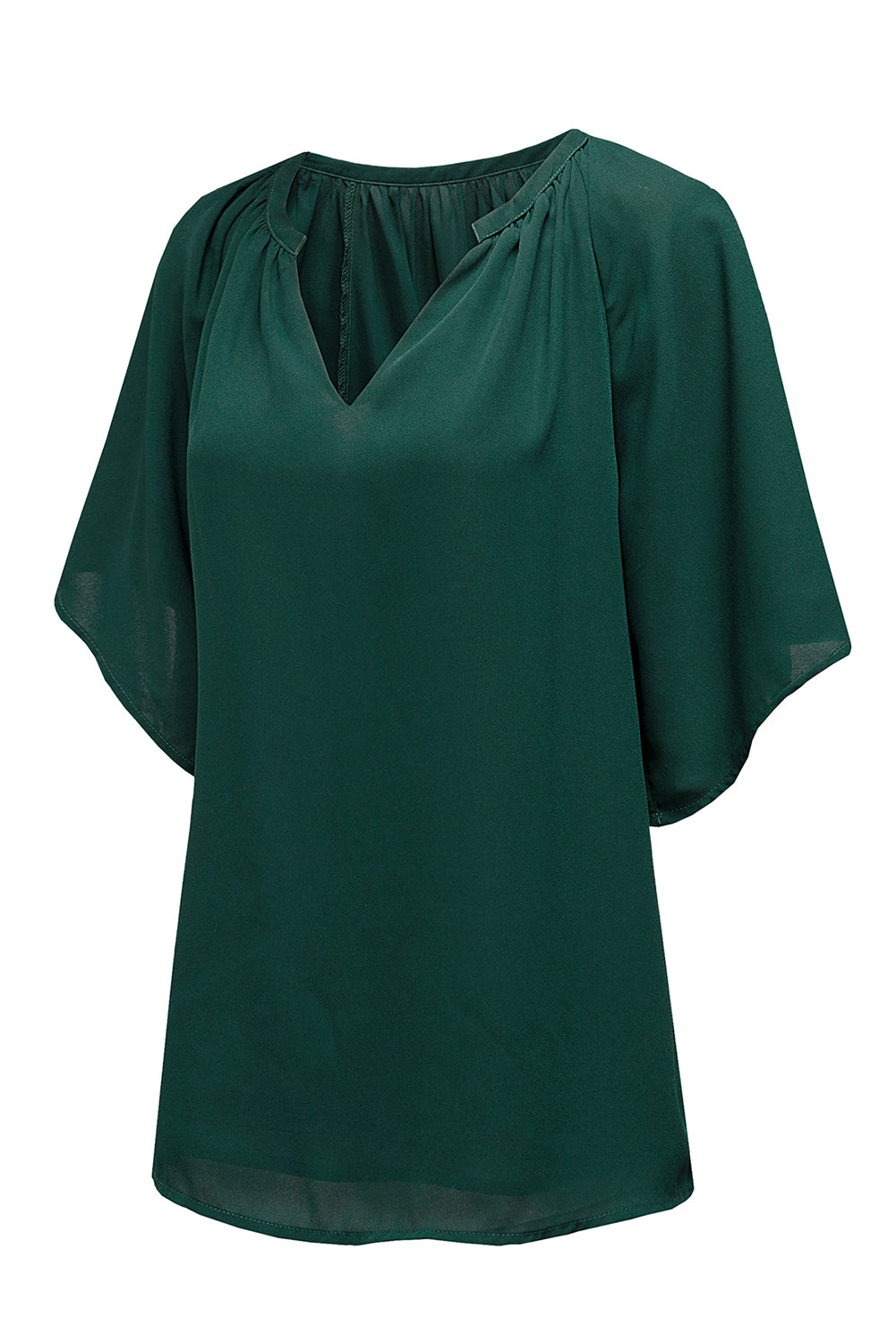 Green Split Neck Pleated Loose Top