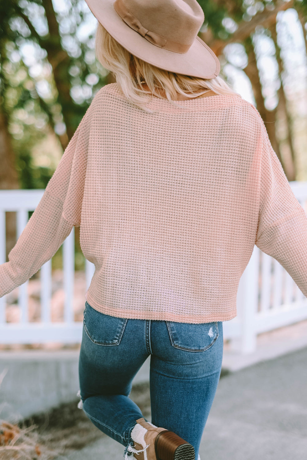 Pink Waffle Knit Eyelet Long Sleeve Blouse