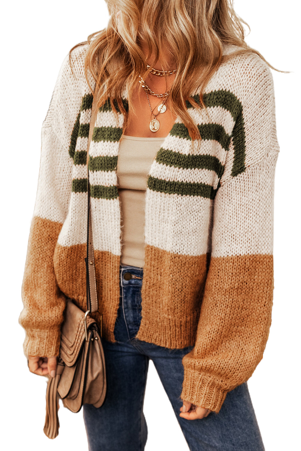 Camel Colorblock Striped Open Cardigan