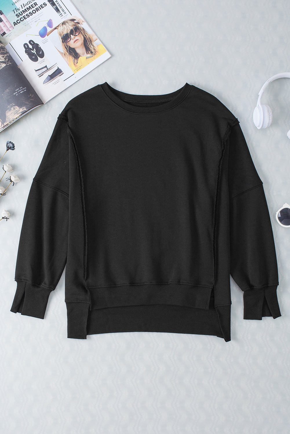 Black Exposed Seam Drop Shoulder Slit High Low Hem Sweatshirt