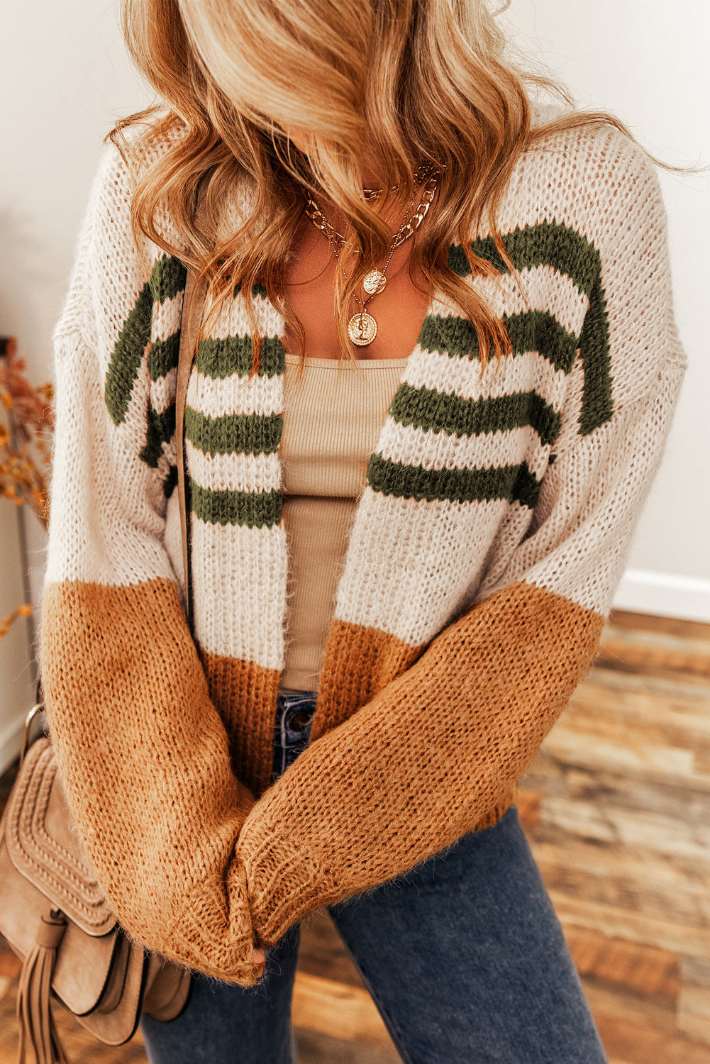 Camel Colorblock Striped Open Cardigan