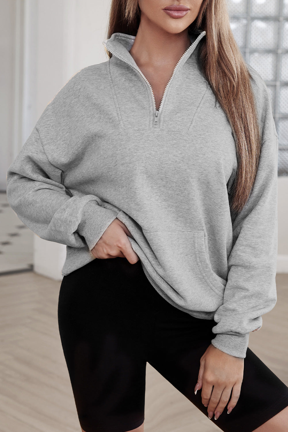 Gray Zipped Funnel Neck Kangaroo Pocket Sweatshirt