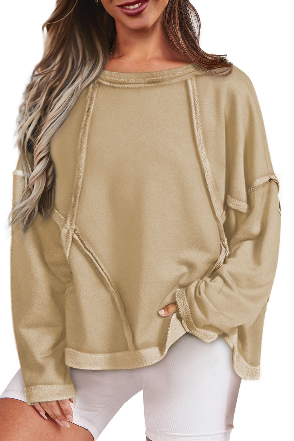 Khaki Exposed Seam Drop Shoulder Raw Hem Oversized Sweatshirt