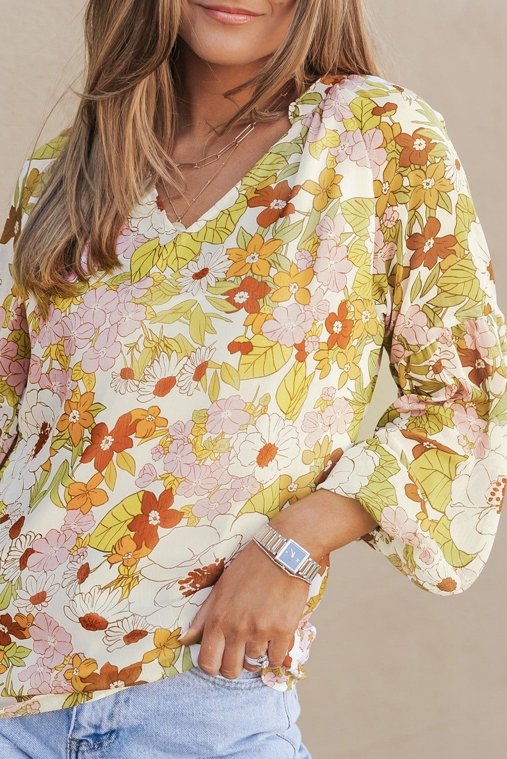 Yellow Floral Print V Neck Long Puff Sleeve Top